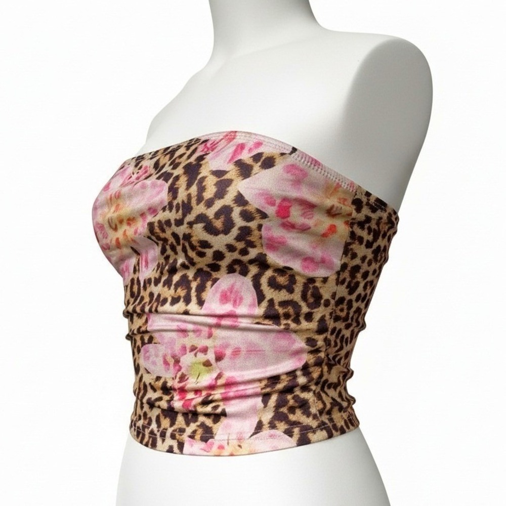 NWT Medium Pink Leopard Print Strapless Tube Top Stretchy‎ Sleeveless Crop Y2k